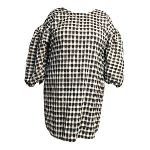 J Crew Black White Buffalo Check Plaid Square Latern Puffy Sleeve Dress NWT 2X